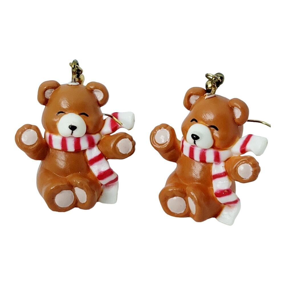 Vintage Small Resin‎ Teddy Bear Earrings Wearing Candy Cane Scarf Christmas